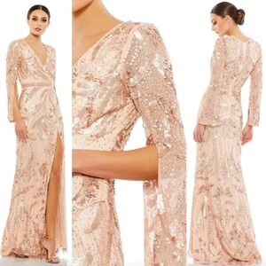 Mac Duggal Sequined Faux Wrap Split Long Sleeve Gown Rose Gold 5222 Size 12